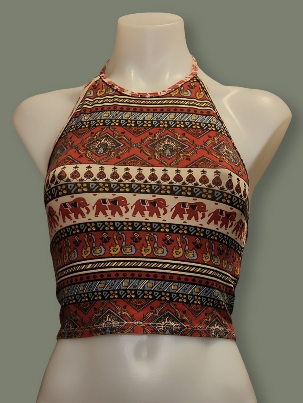 Brand "Title Unknown" Elephant Print Halter Crop Top sz XS Boho Festival Hippie